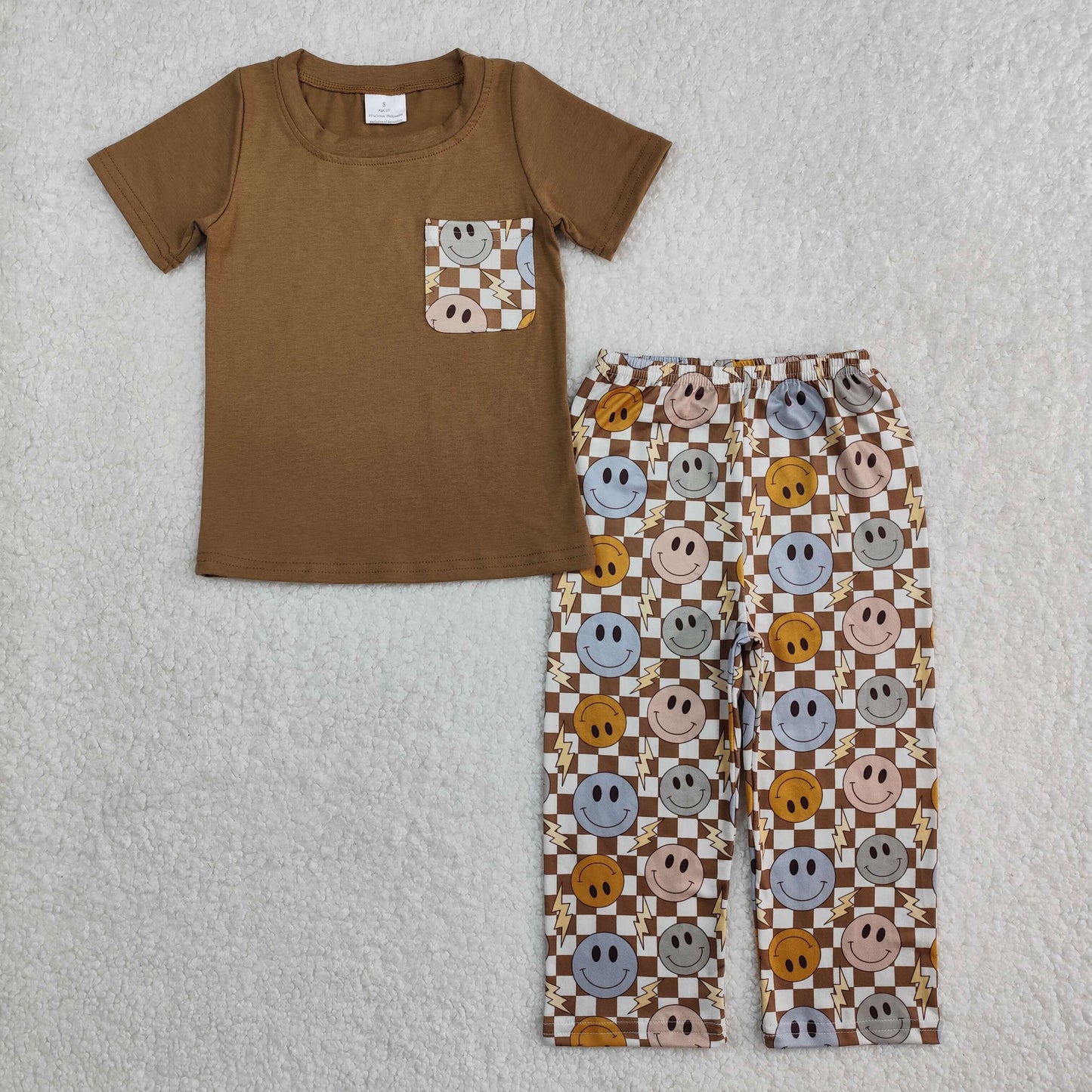 RTS NO MOQ(In Stock) BSPO0425 Smiley face lightning brown plaid pocket short-sleeved trousers set