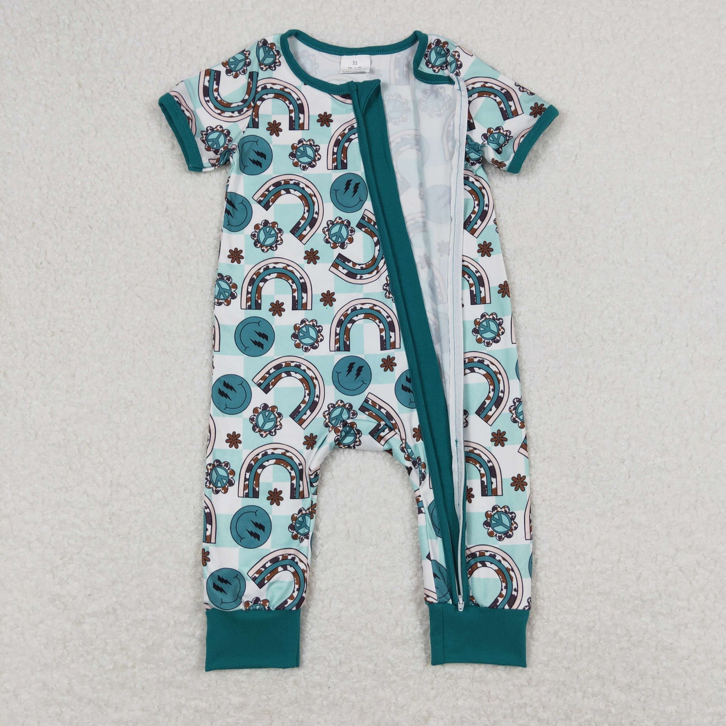 RTS NO MOQ(In Stock) Lightning Smiley Rainbow Plaid Green Zip Short Sleeve Jumpsuit