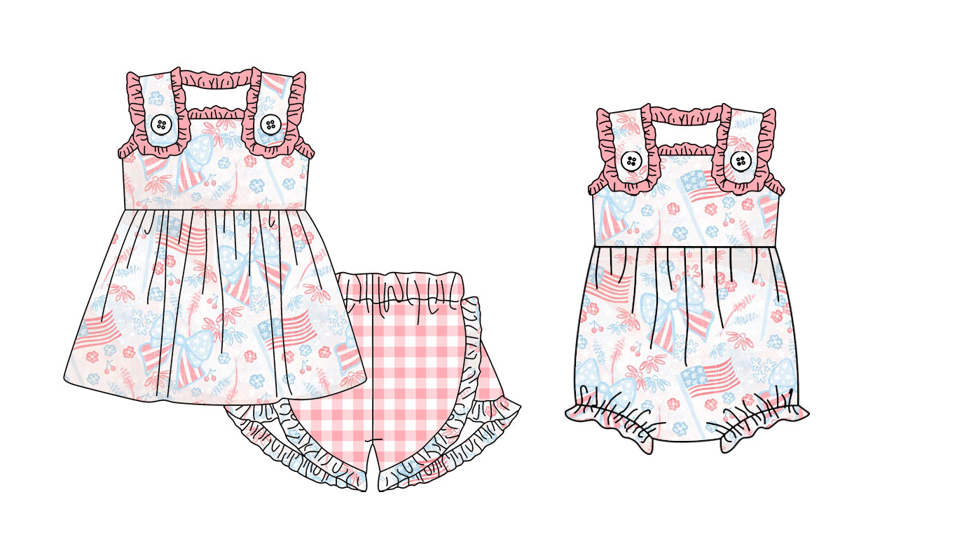 2.10 custom each style moq 5eta 4-6week Sibling Sister flag baby girls short sleeve shorts sets and romper match design