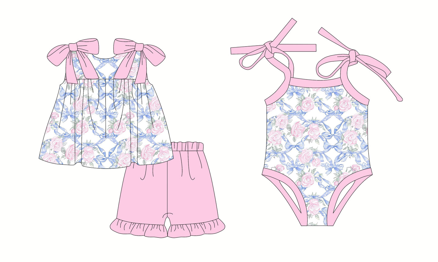 2.26 custom each style moq 5eta 4-6week Sibling Sister floral bow baby girl short sleeve shorts sets and romper match design