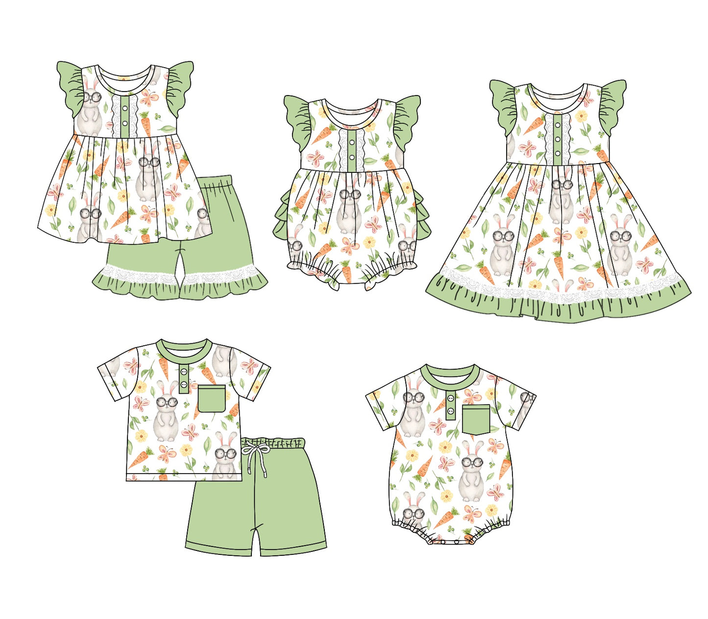 11.3 custom each style moq 5eta 4-6week Sibling Sister easter baby girl short sleeve shorts sets and briefs sets 2 and girls romper and boy romper and dress match design