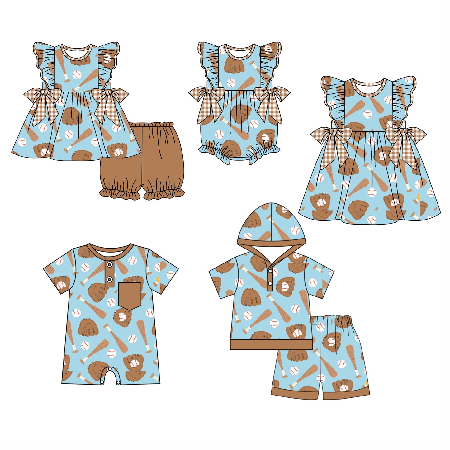 11.29 custom each style moq 5eta 4-6week Sibling Sister baseball baby girl short sleeve shorts sets and sets 2 and girls romper and boy romper and dress match design
