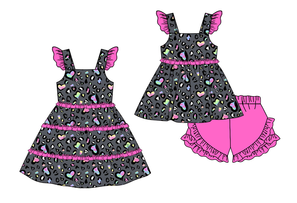 11.11 custom each style moq 5eta 4-6week Sibling Sister leopard baby girl short sleeve shorts sets and dresses match design