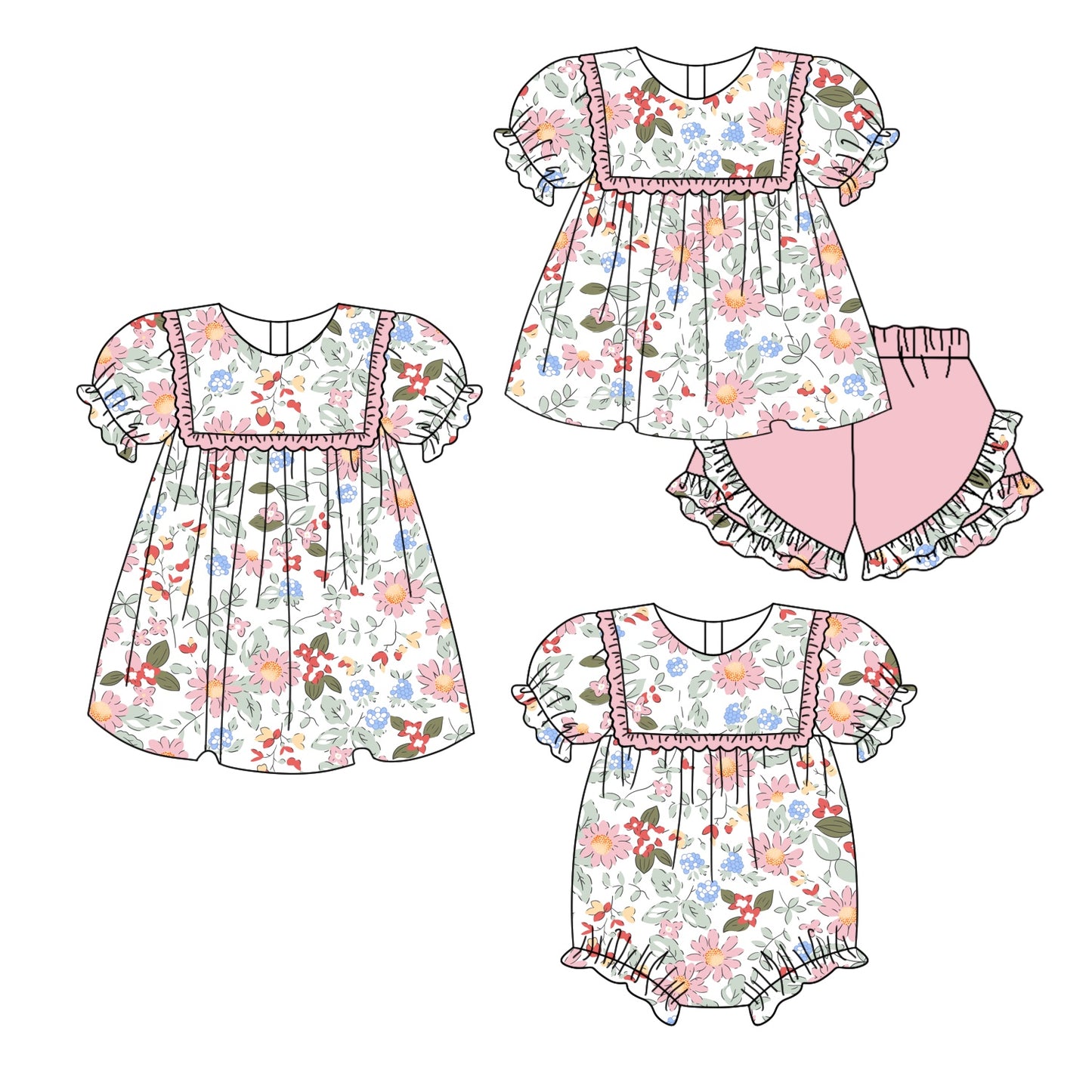 11.1 custom each style moq 5eta 4-6week Sibling Sister floral baby girl short sleeve shorts sets and dress and rompers match family design