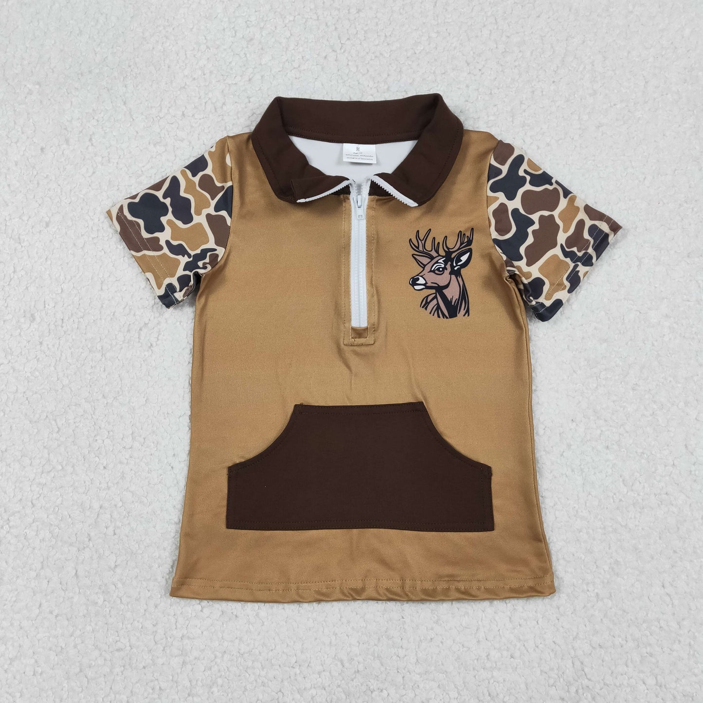 RTS NO MOQ(In Stock) Pocket Reindeer Camouflage Brown Zipper Short-Sleeve Top