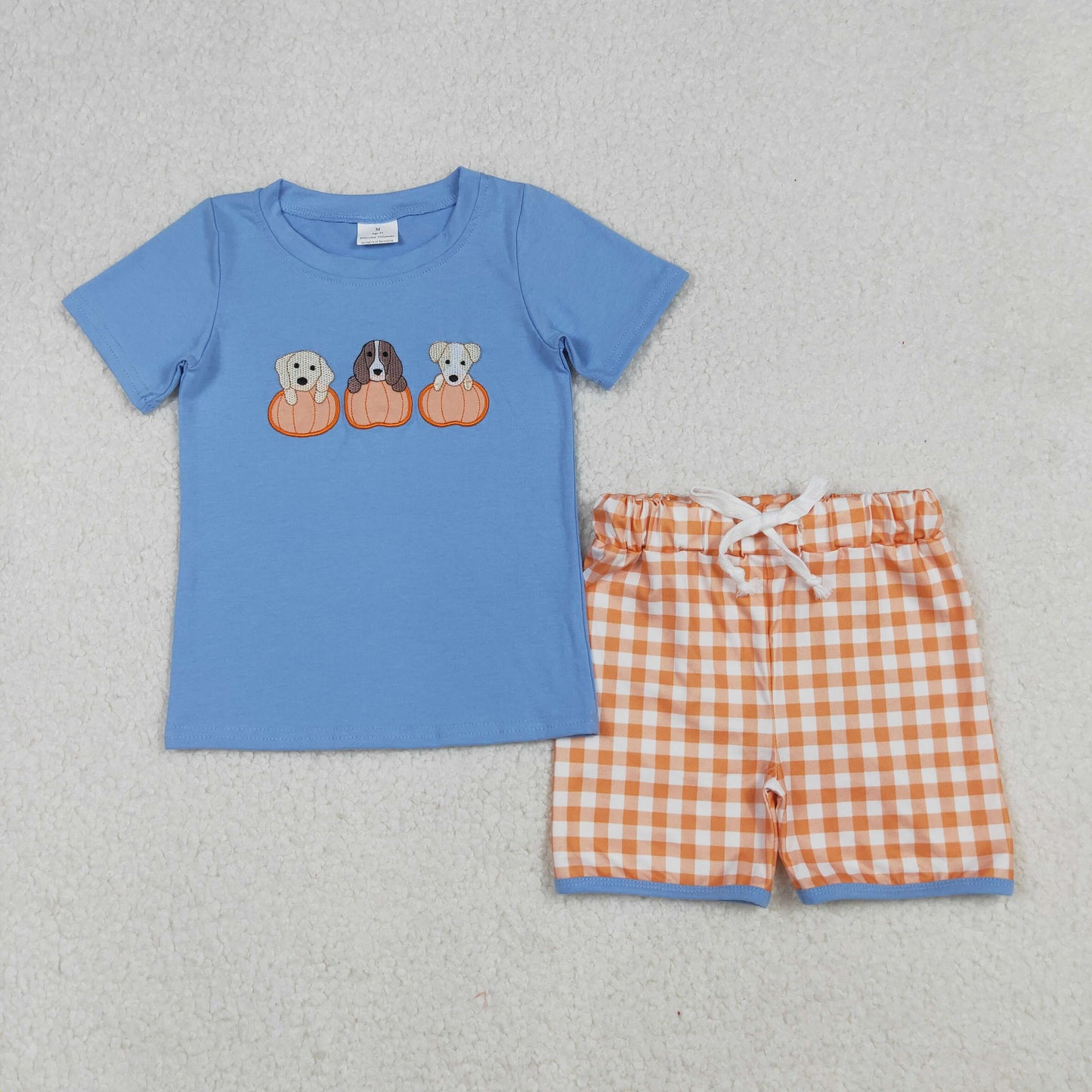 RTS NO MOQ(In Stock) BSSO1547 Embroidered Pumpkin Puppy Blue Short Sleeve Orange Plaid Shorts Set