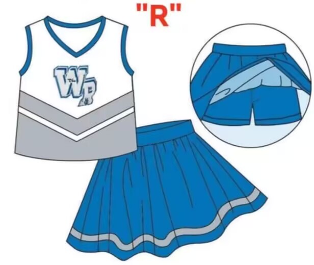 Deadline September 16 custom no moq eta 6-8weeks Letter WR Lake Blue Sleeveless Cheerleading Skirt Set