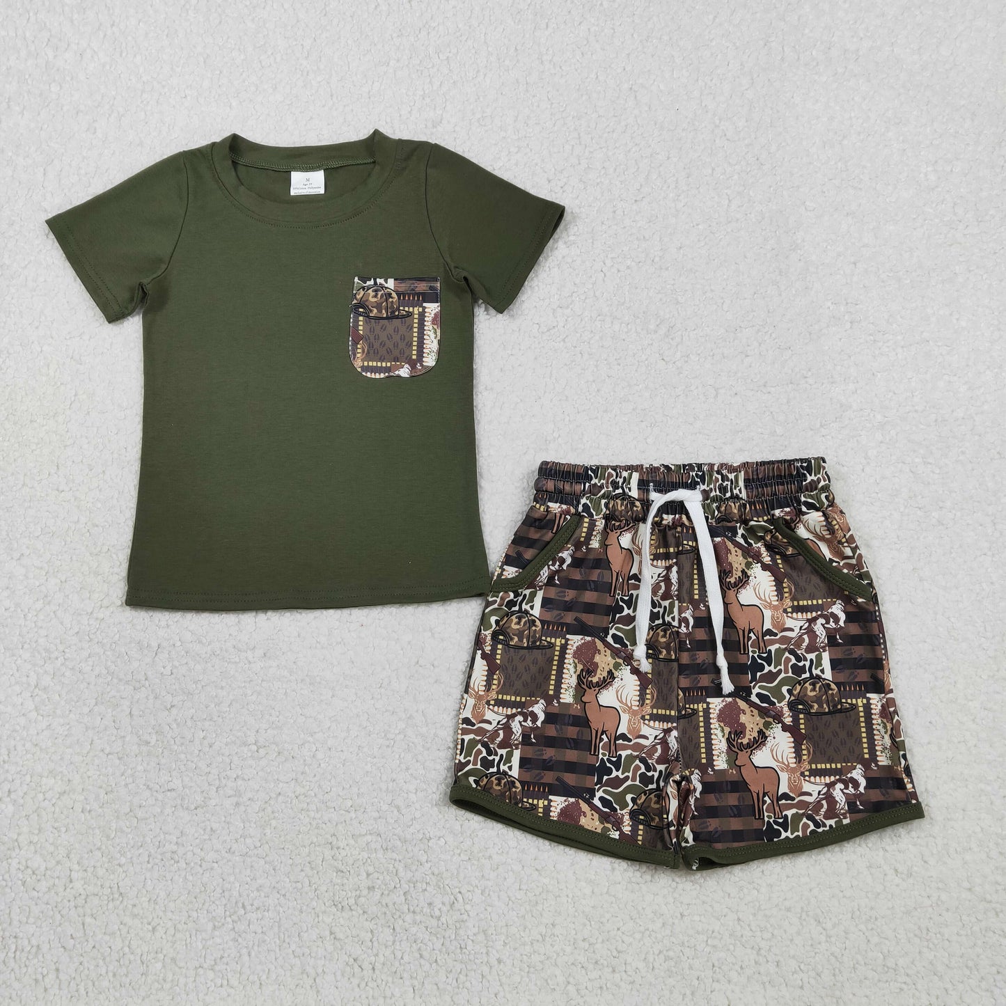 RTS NO MOQ(In Stock) BSSO1848 Hunting Dog Deer Shot Rifle Dark Green Pocket Short-Sleeve and Shorts Set