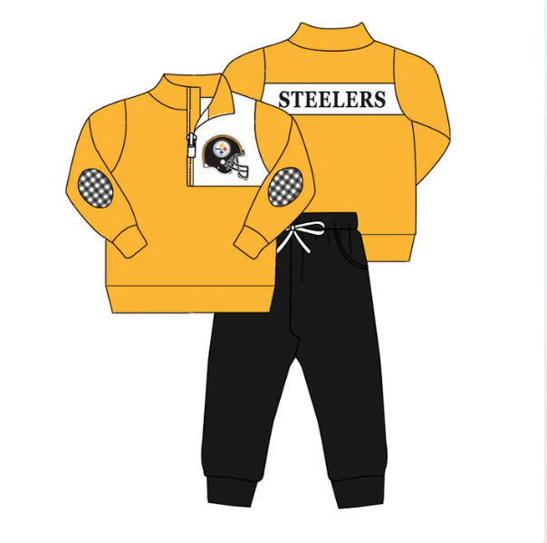 Deadline September 23 custom no moq eta 6-8weeks Yellow Sports Helmet Pattern Zippered Pullover Top - Black Drawstring Pants Set