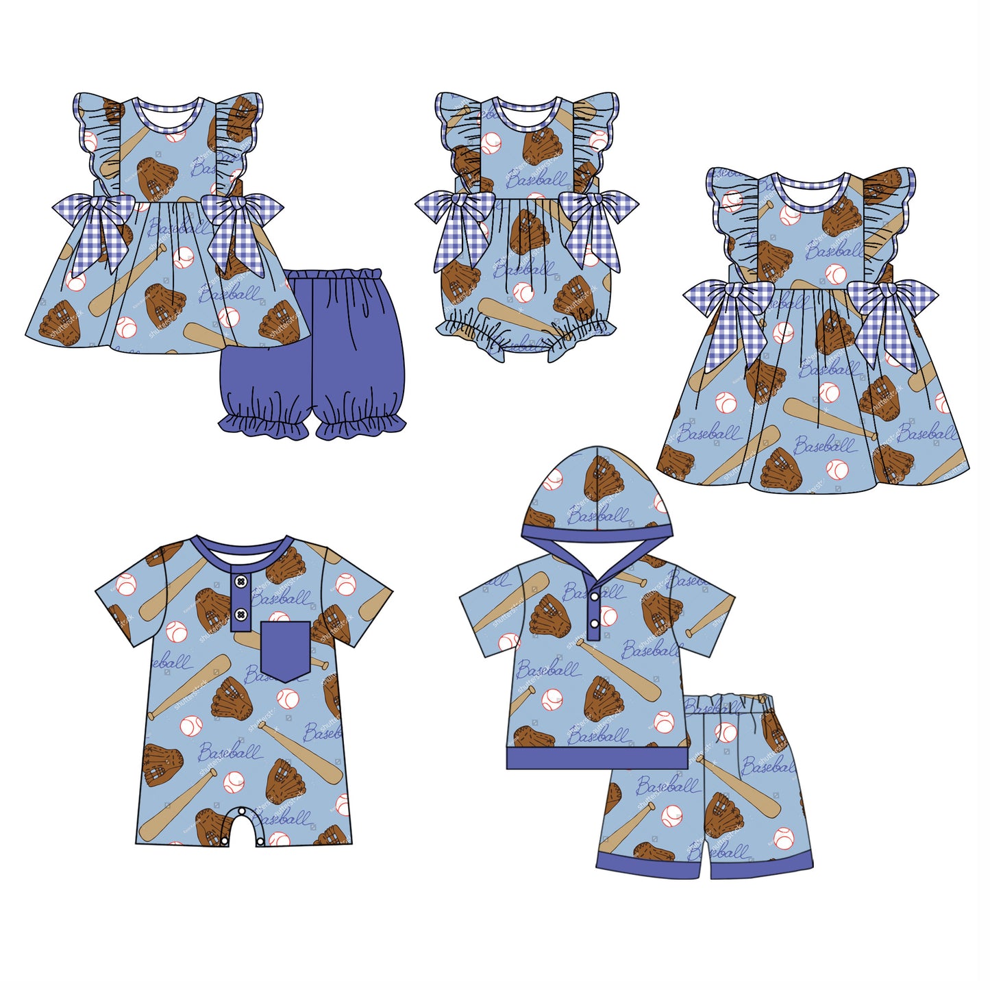 11.29 custom each style moq 5eta 4-6week Sibling Sister baseball baby girl short sleeve shorts sets and sets 2 and girls romper and boy romper and dress match design