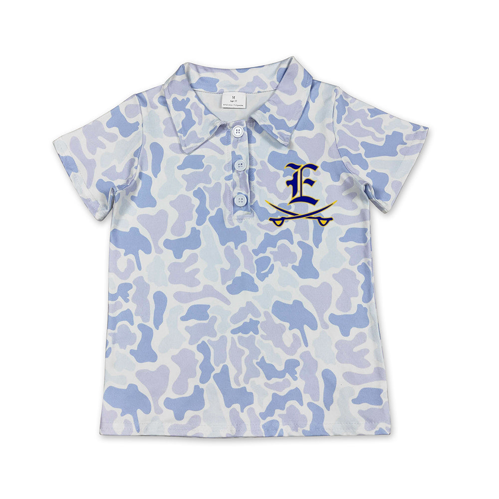 Custom moq 5 mix size milk silk summer teams Baby Boys Short Sleeve Light Blue Camo Button Polo Shirts Top