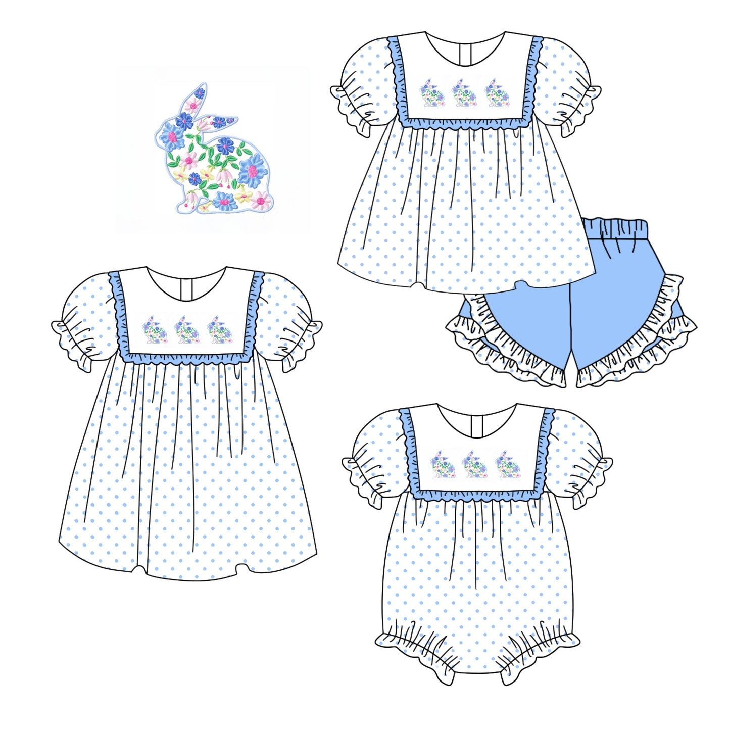 11.6 custom each style moq 5eta 4-6week Sibling Sister easter blue baby girl short sleeve shorts sets and dress and rompers match family design