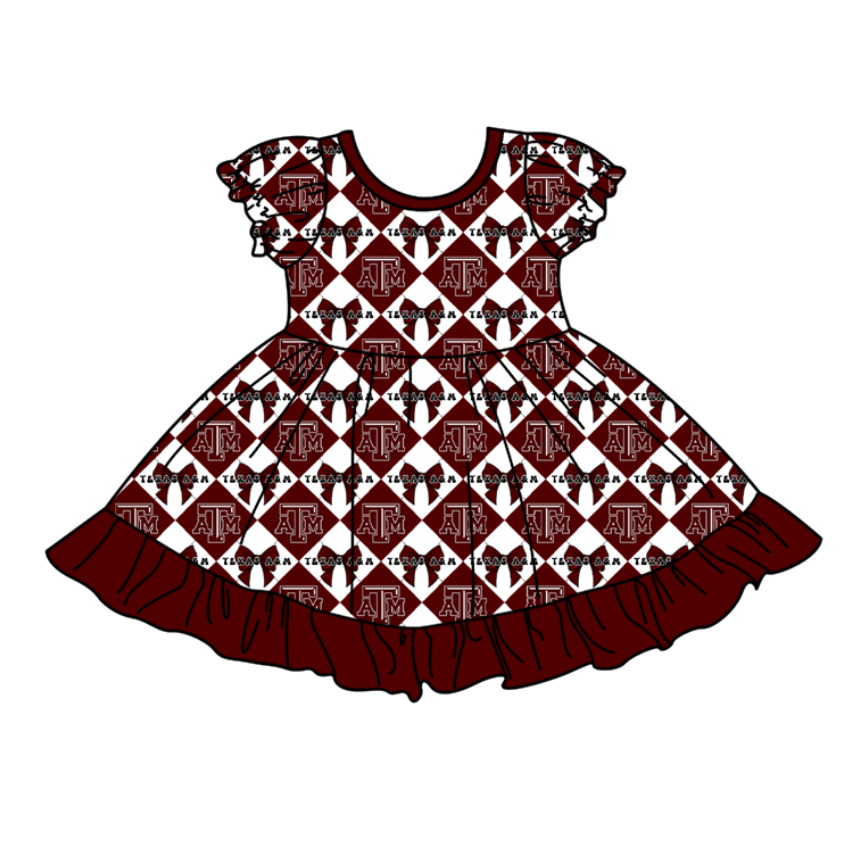 Custom moq 5 mix size Baby Girl's Dark red Plaid Short-Sleeved Team Dress Cute And Stylish Outfit for Little Ones