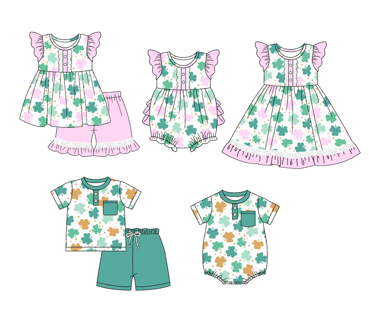 11.3 custom each style moq 5eta 4-6week Sibling Sister lucky baby girl short sleeve shorts sets and briefs sets 2 and girls romper and boy romper and dress match design