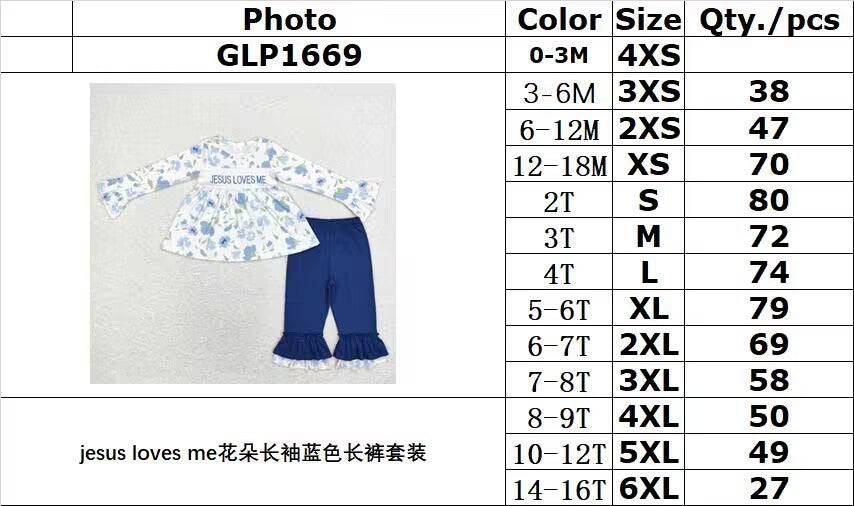 RTS NO MOQ(In Stock) GLP1669 jesus loves me flower long-sleeved blue trousers set