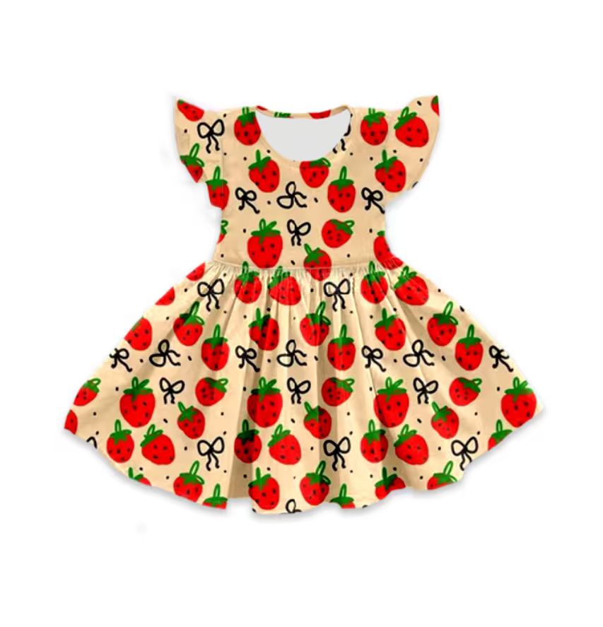 Custom moq 5 mix size milk silk baby girl clothes strawberry bow flying sleeve shorts sets and dresses 2