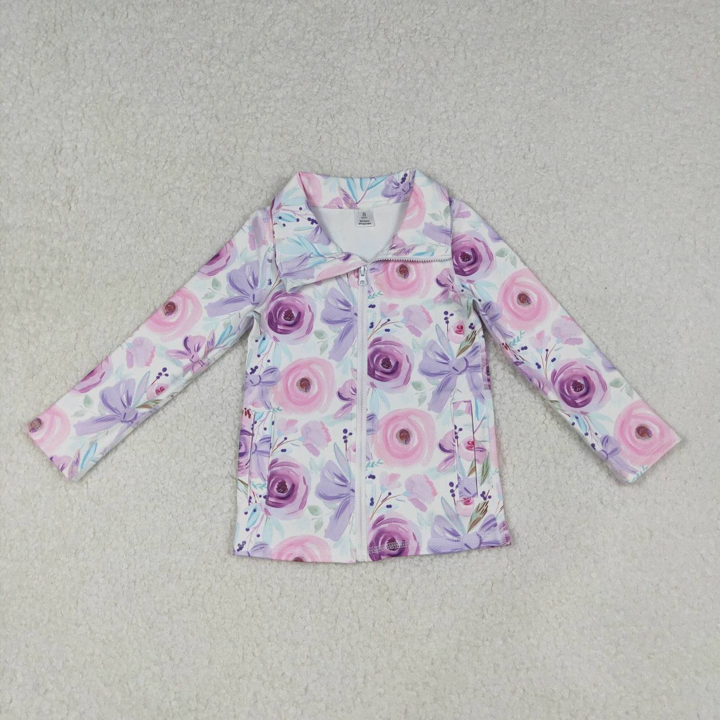 RTS NO MOQ(In Stock) GT1083 White Yoga Zippered Long-Sleeved Top with Pink and Purple Floral Bow Pattern