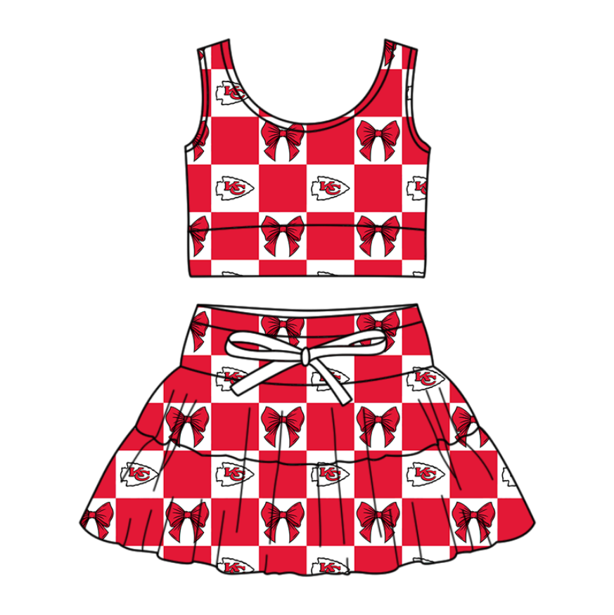 Custom moq 3 or 5 mix size milk silk summer teams baby girl clothes bow red sleeveless skirts sets
