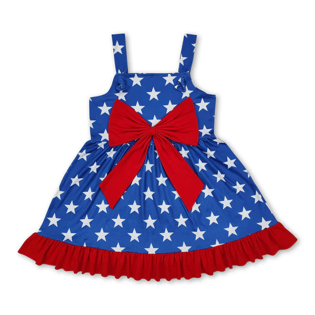 RTS NO MOQ Sibling Baby Girls Strap Bows Cows 4th of July Western Ruffle Knee Length Dresses