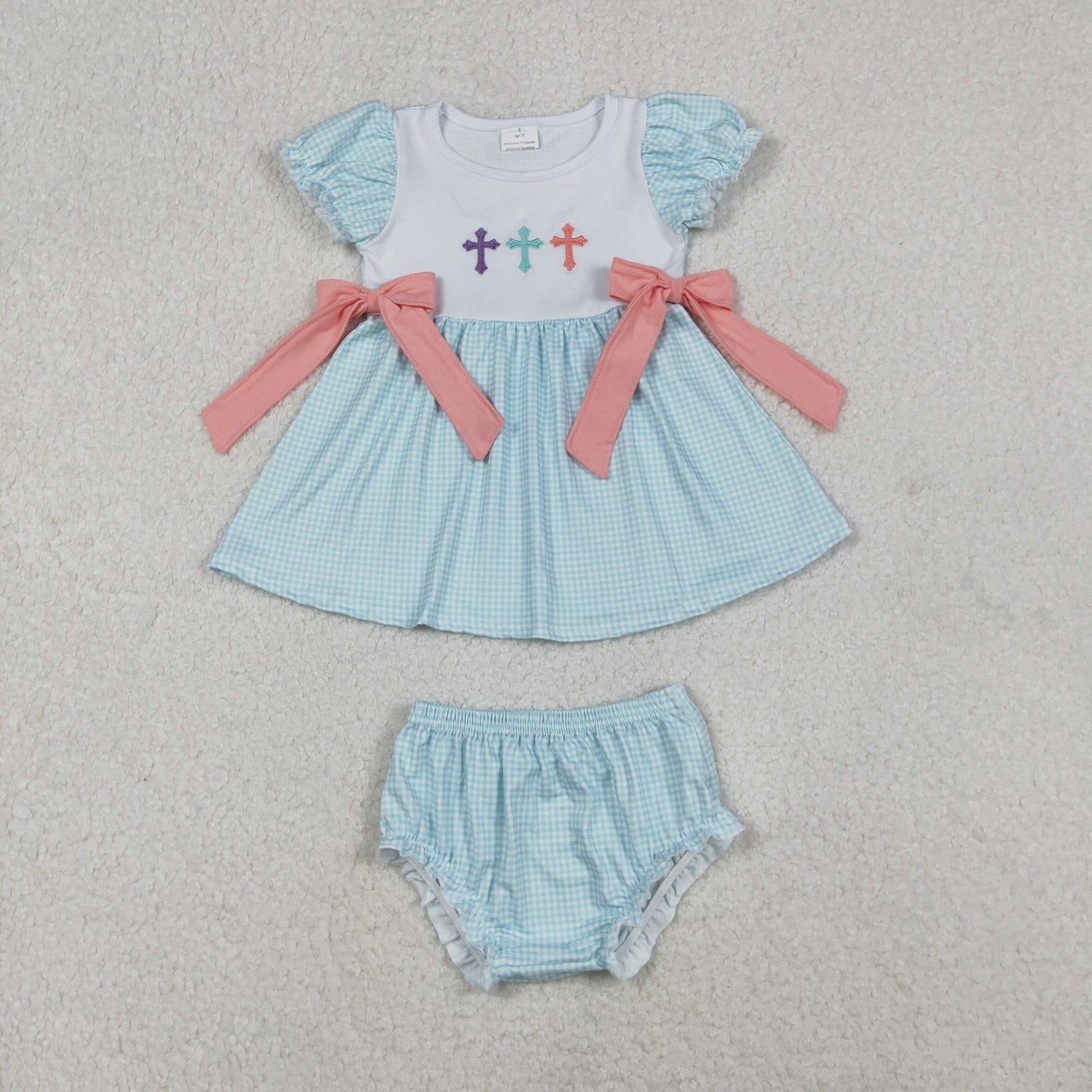 RTS NO MOQ(In Stock) GBO0480 Embroidered Easter Cross Pink Bow Blue Plaid Long-Sleeved Briefs Set