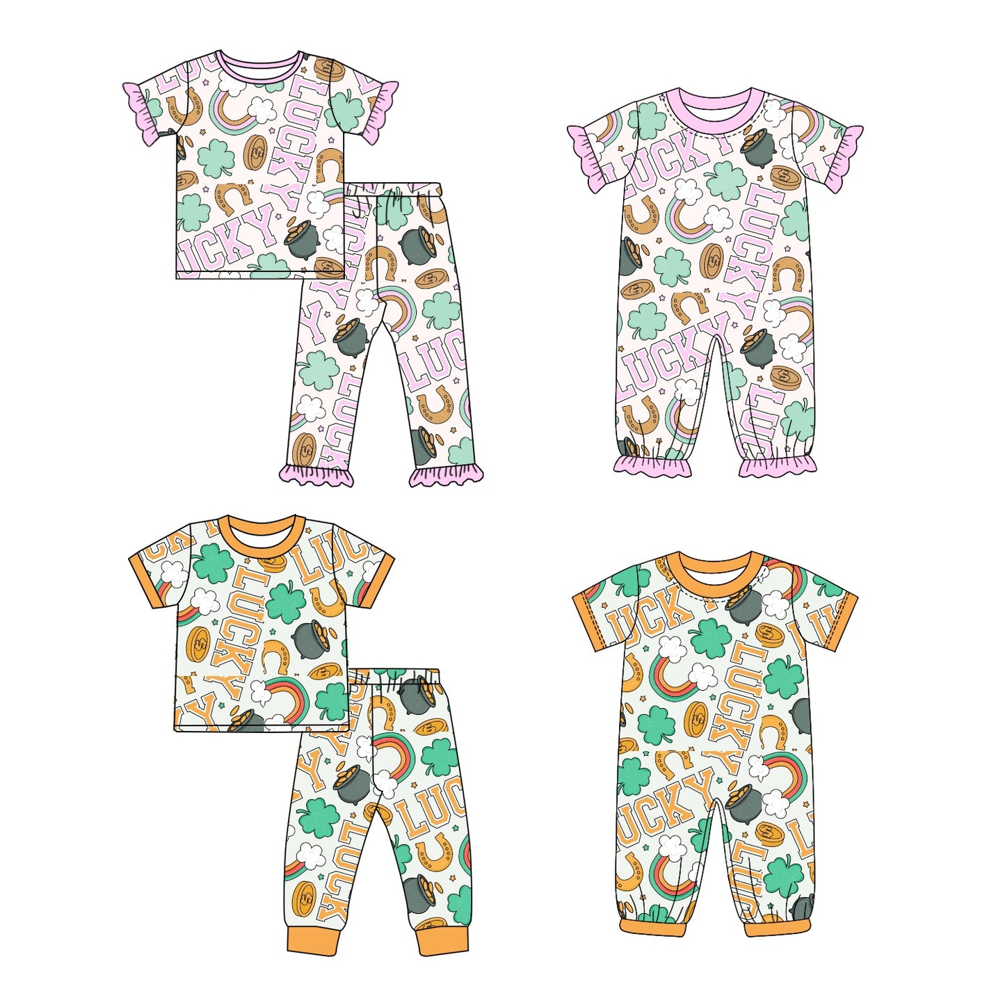 11.3 custom each style moq 5eta 4-6week Sibling Sister lucky baby girl sets 1 and sets 2 and boy rompers and girl romper match family design