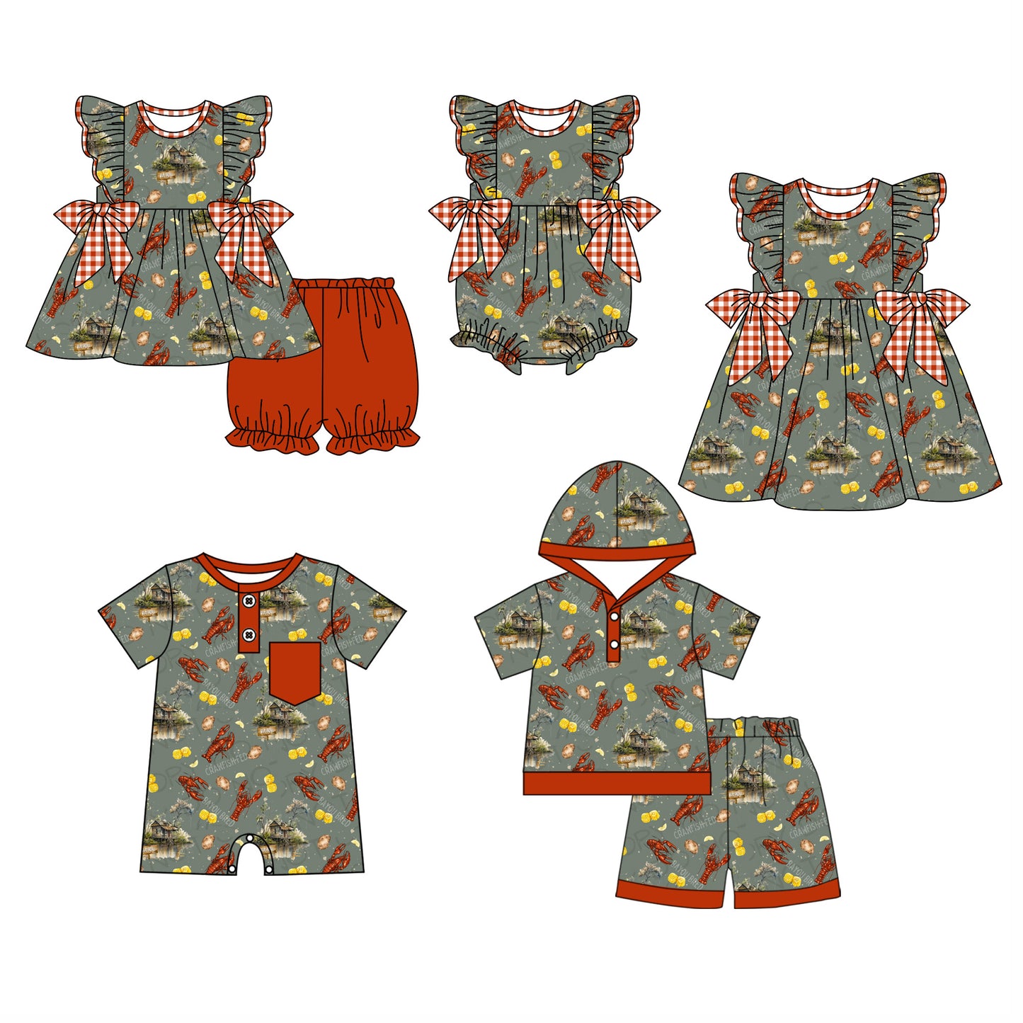 11.29 custom each style moq 5eta 4-6week Sibling Sister crayfish baby girl short sleeve shorts sets and sets 2 and girls romper and boy romper and dress match design