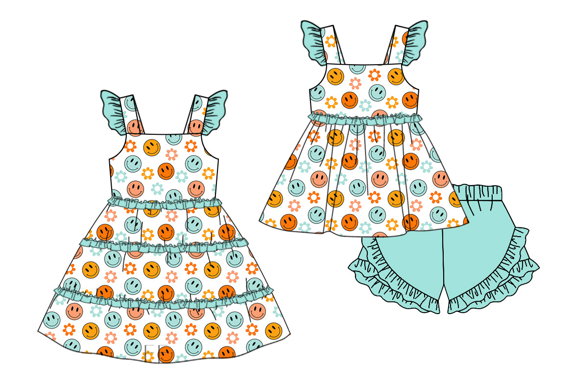 11.11 custom each style moq 5eta 4-6week Sibling Sister smiley baby girl short sleeve shorts sets and dresses match design