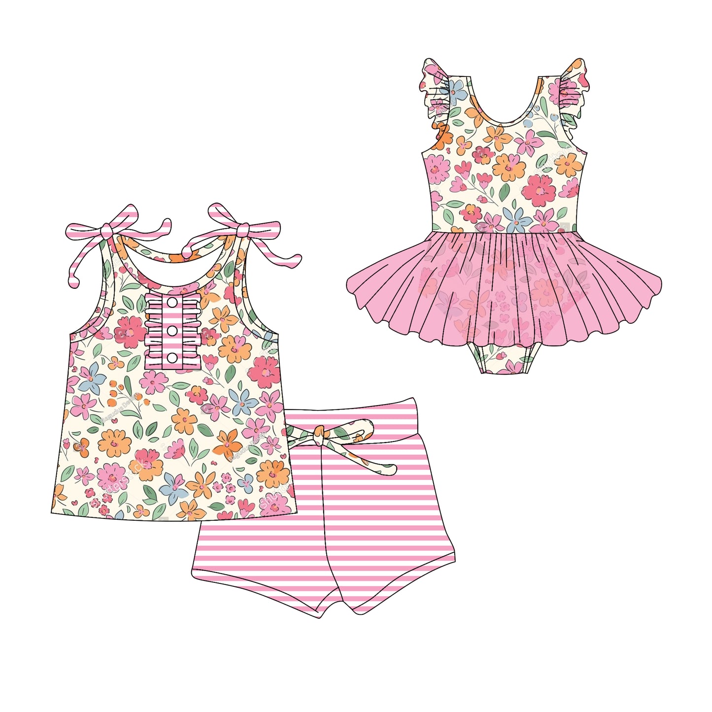 3.1 custom each style moq 5eta 4-6week Sibling Sister floral baby girl short sleeve shorts sets and romper match design