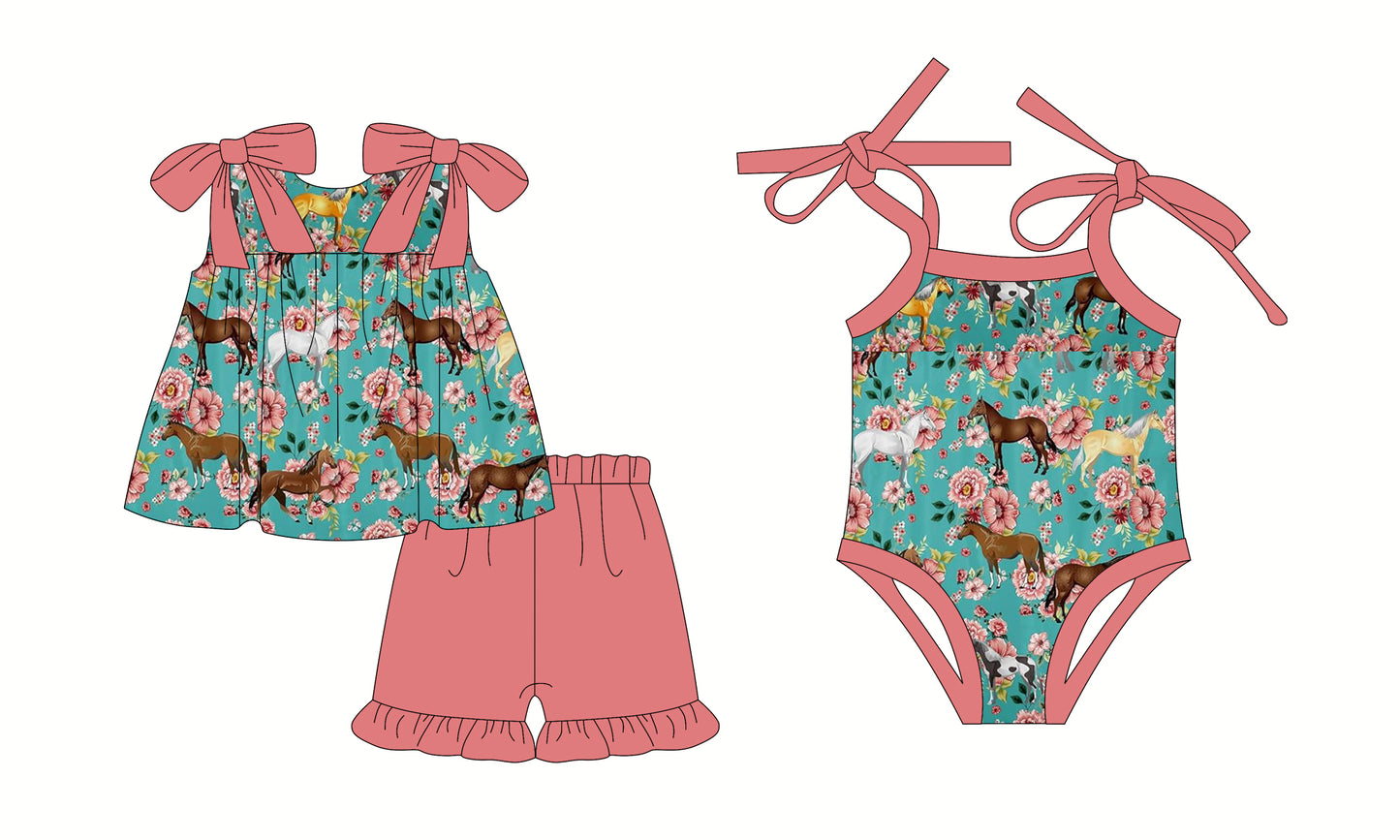 2.26 custom each style moq 5eta 4-6week Sibling Sister horse floral baby girl short sleeve shorts sets and romper match design