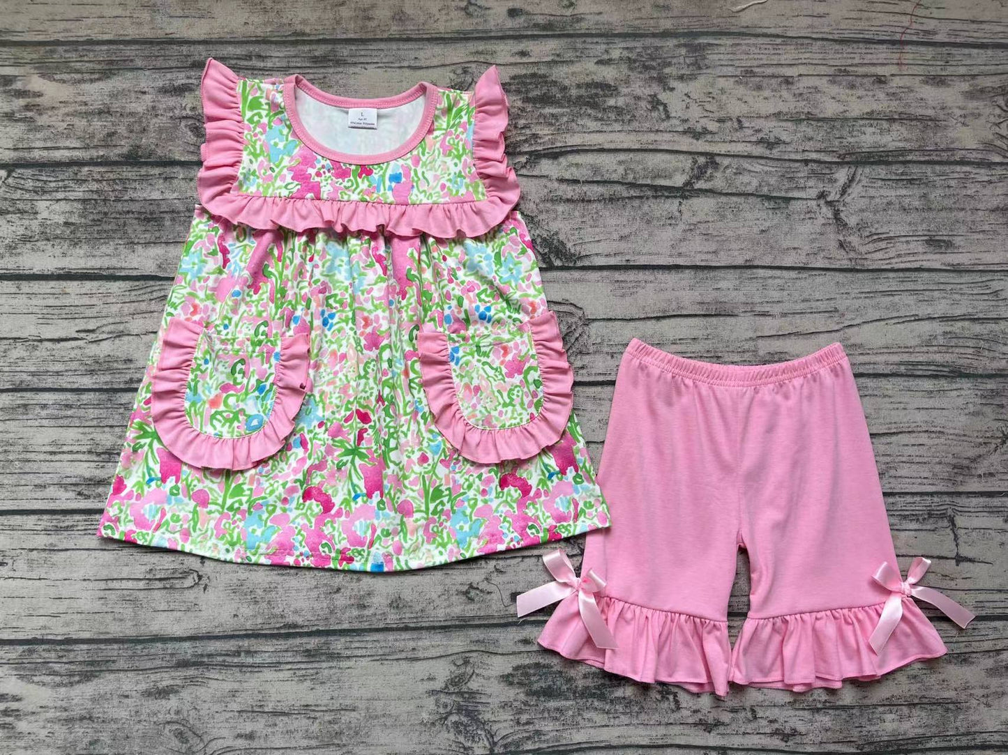 Patterned Pink Lace Pocket Sleeveless Shorts Set