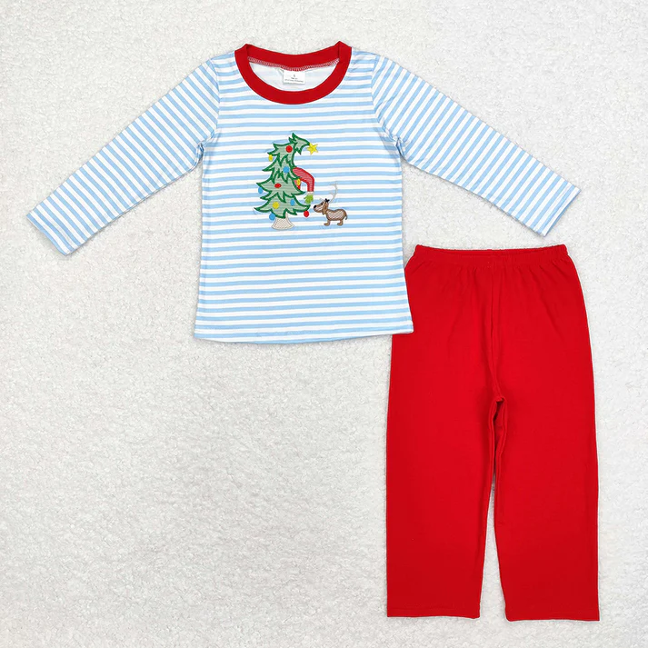 RTS NO MOQ Girls Boys Christmas Tree Dog Top Pants Clothes Sets Christmas tree embroidery