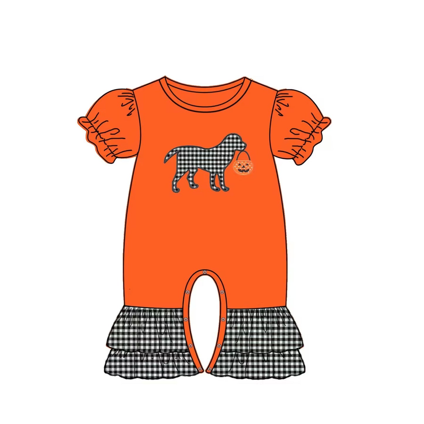 Custom moq 3 eta 6-8 weeks Lantern sleeve black and white plaid puppy orange short-sleeved romper