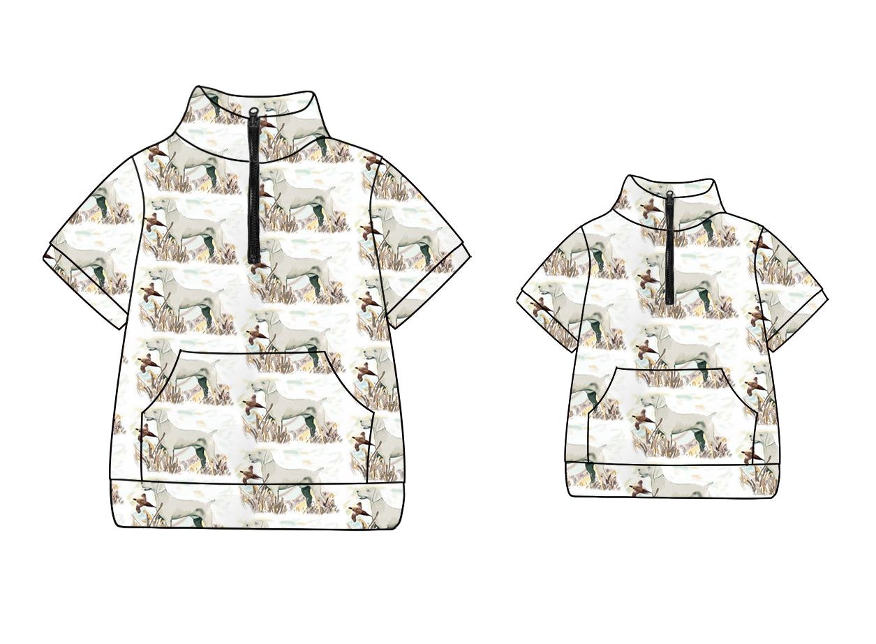 11.27 custom each style moq 5eta 4-6week Sibling Sister puppy kids short sleeve top and adult short sleeve top match design