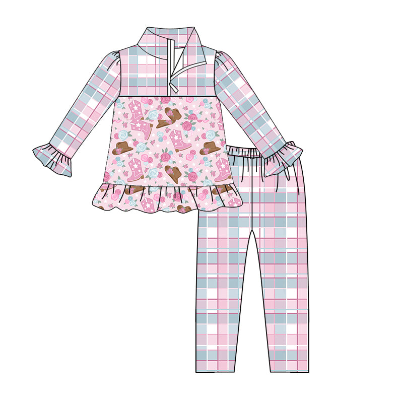 5.12custom each style moq 5eta 4-5week Sibling Sister cowboy hat boots prints pink-gray plaid girls outfits match family design