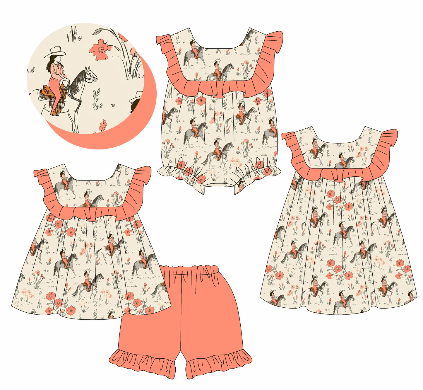 3.1 custom each style moq 5eta 4-6week Sibling Sister riding horse baby girl short sleeve shorts sets and dress and rompers match family design