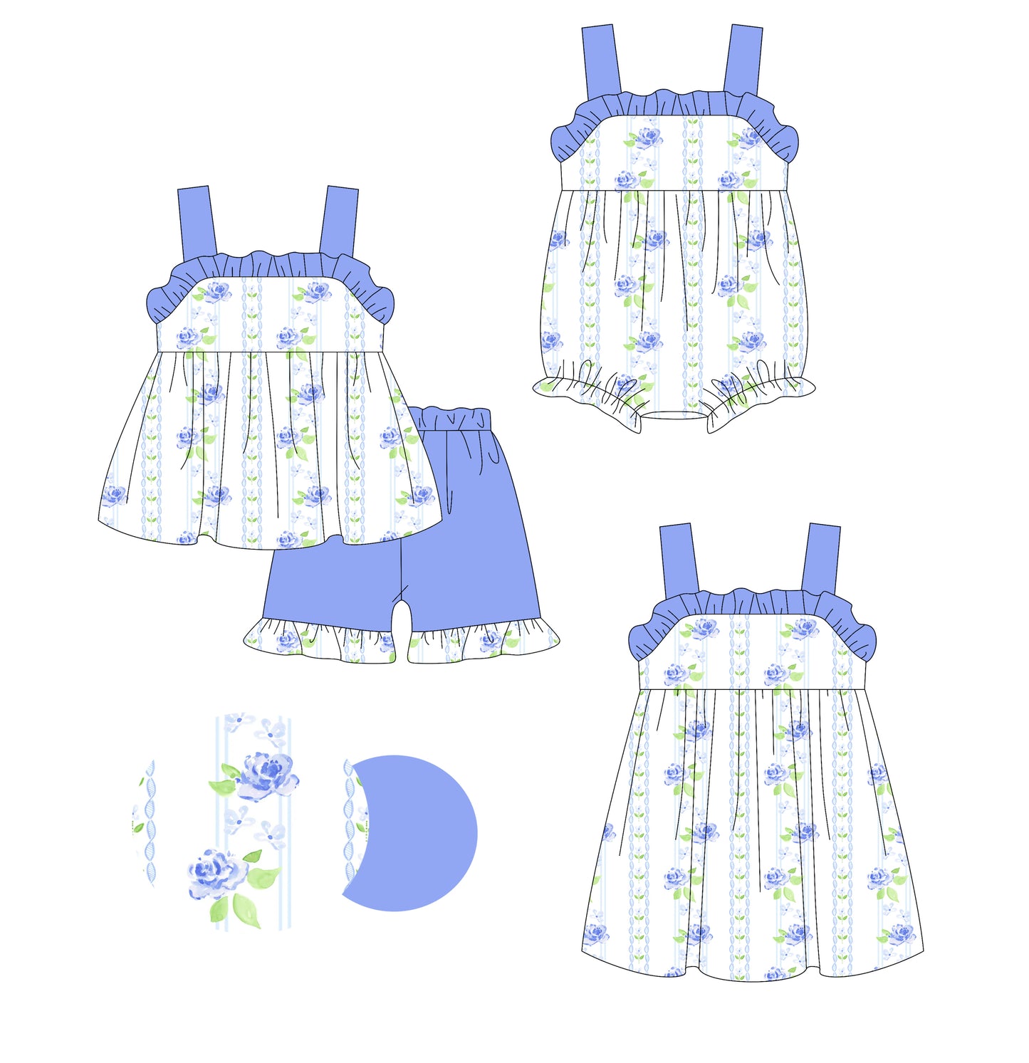 3.6 custom each style moq 5eta 4-6week Sibling Sisters floral baby girl short sleeve shorts sets and dress and rompers match family design