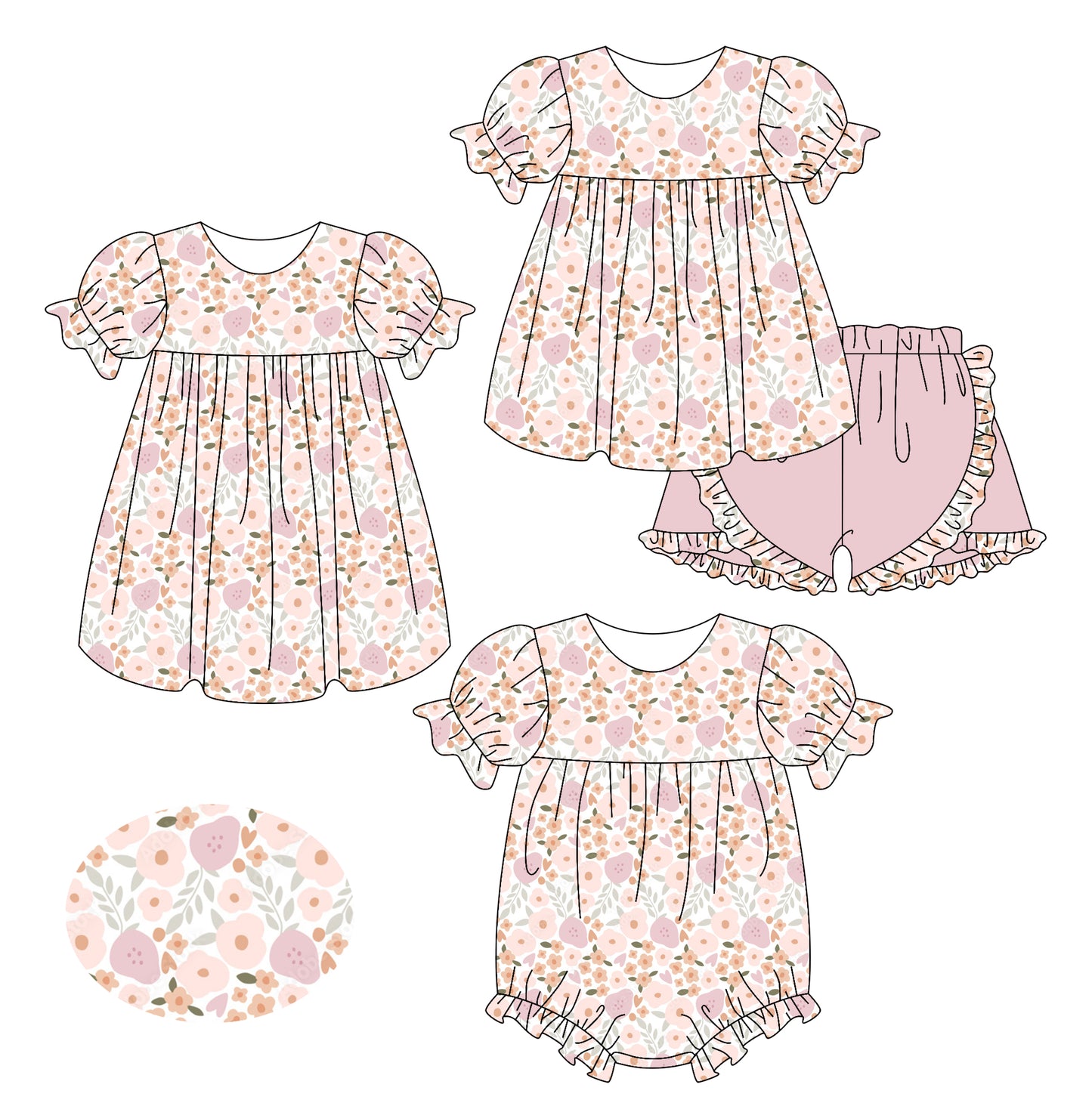 3.24 custom each style moq 5eta 4-6week Sibling Sisters floral baby girl short sleeve shorts sets and dress and rompers match family design