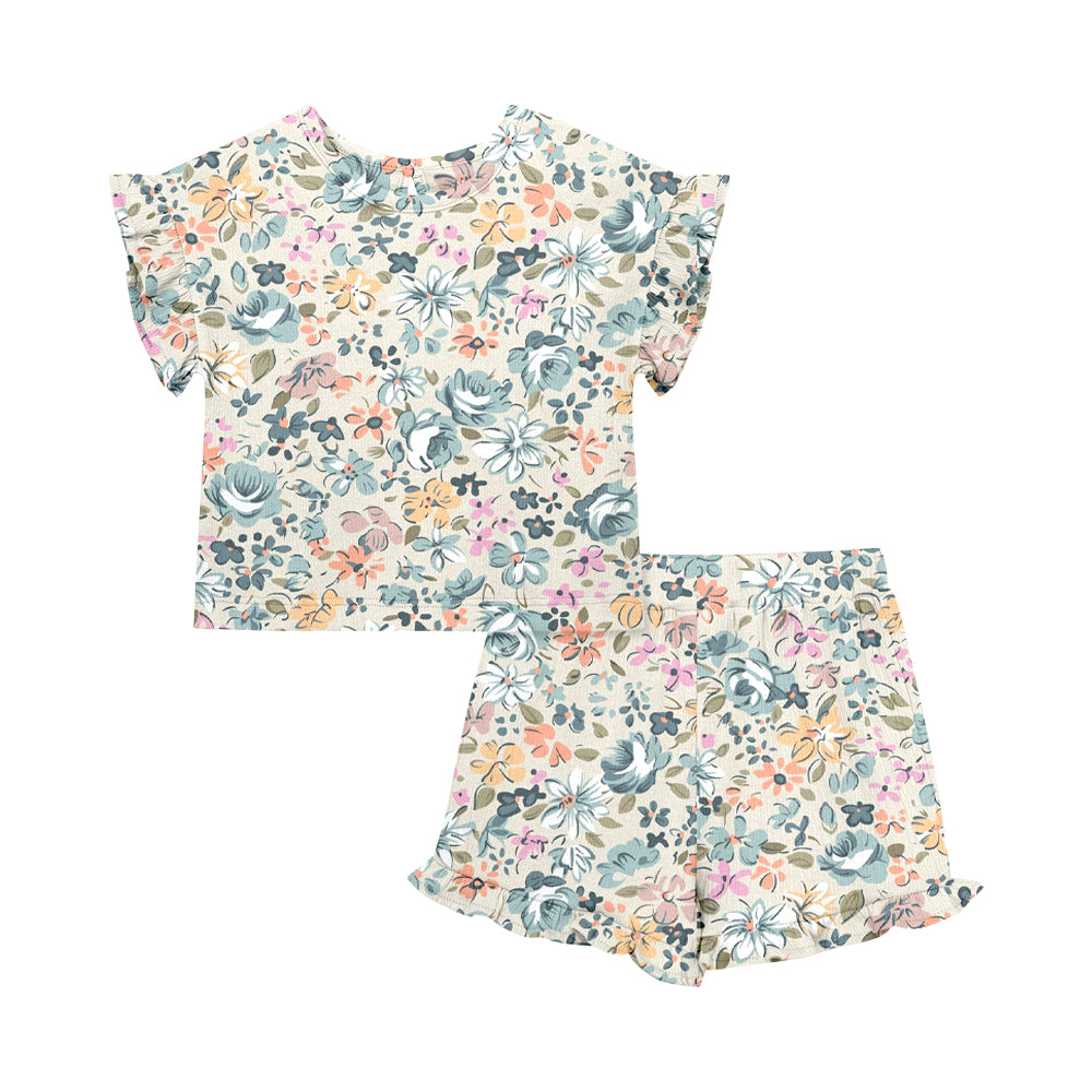 Custom moq 5 mix size Baby Girl's Floral Print Short-Sleeved Top And Shorts Set Cute Outfit