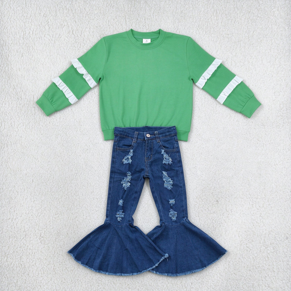 NEW RTS NO MOQ Denim GT1858+ P0133 Baby Girls Green White Ruffle Sleeve Top Navy Distressed Denim Bell Pants Set