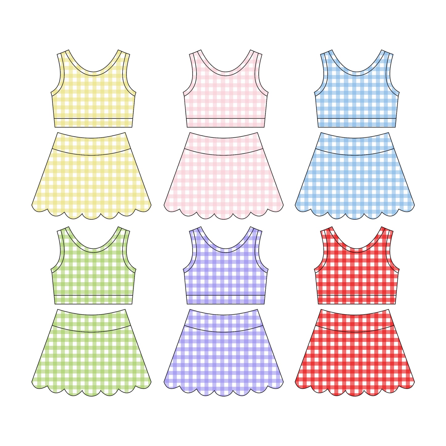 3.26 Custom moq 5 mix size Sibling Baby Girls Checked Vests Top Scallop Skirts Clothes Set