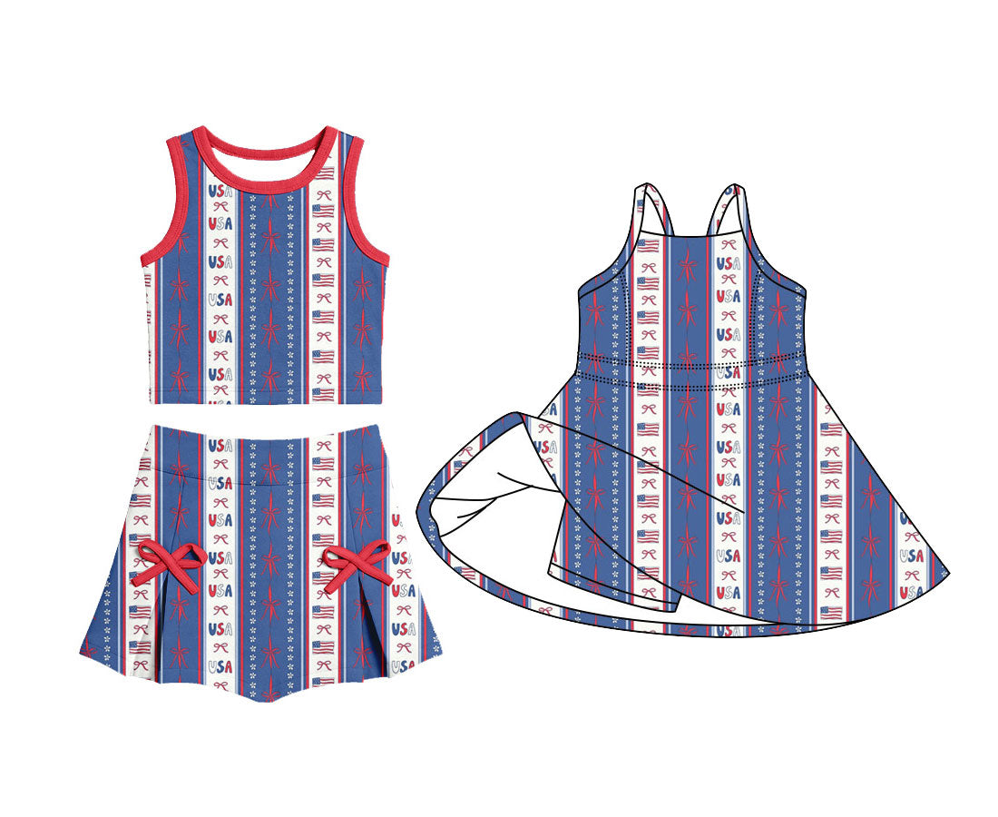 4.13 Custom moq 5 mix size Sibling Baby Girls Sleeveless Bow Stripe Top Skirt Shorts Set Knee-Length Dress Outfit