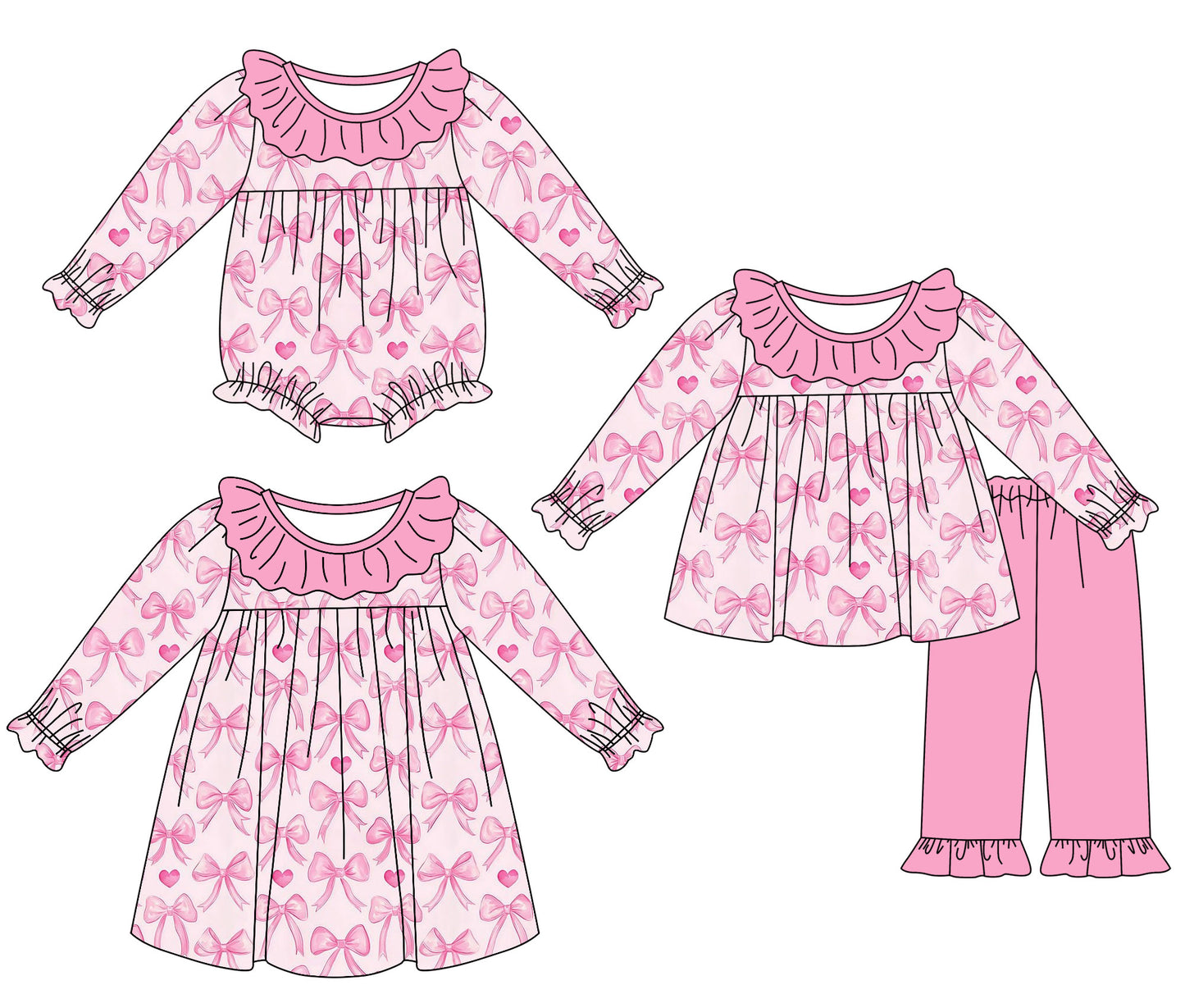 25.9.3 custom each style moq 5eta 4-6week Sibling Sisters bow pink baby girl long sleeve pants sets and dress and rompers match family design
