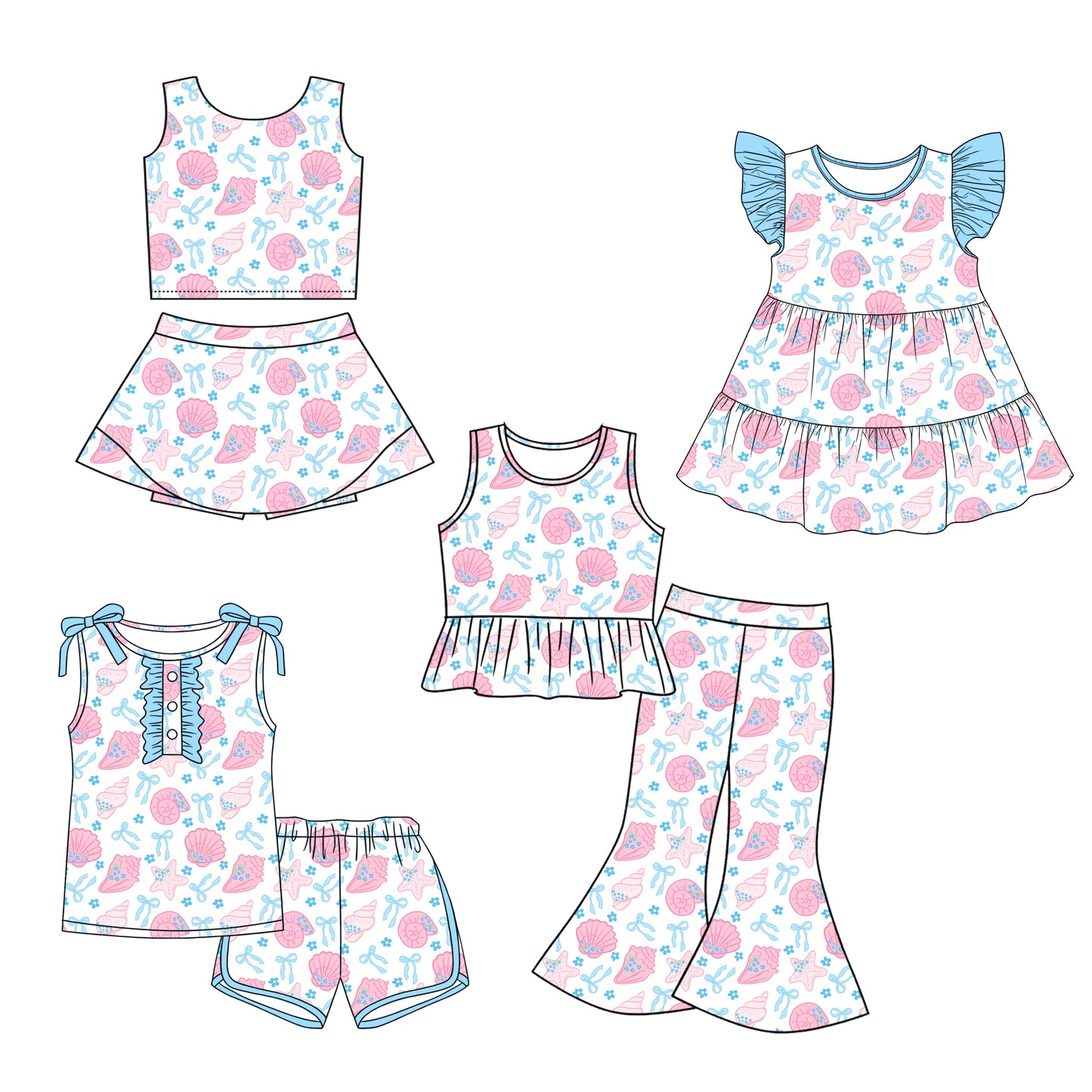 3.9 Custom moq 5 mix size Sibling Baby Girl's Blue bow Sleeveless Top Shorts Yoga Sets And Short-sleeved shorts Set Cute Dress Outfit