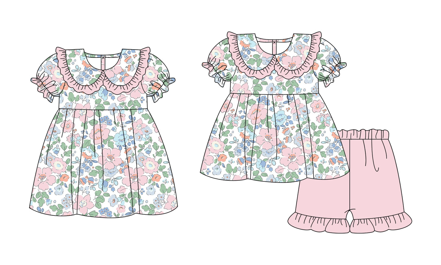 3.5 Custom moq 5 mix size Sibling Baby Girl's Flowers Short-Sleeved Top And Pink Shorts Set Cute Dress for Summer