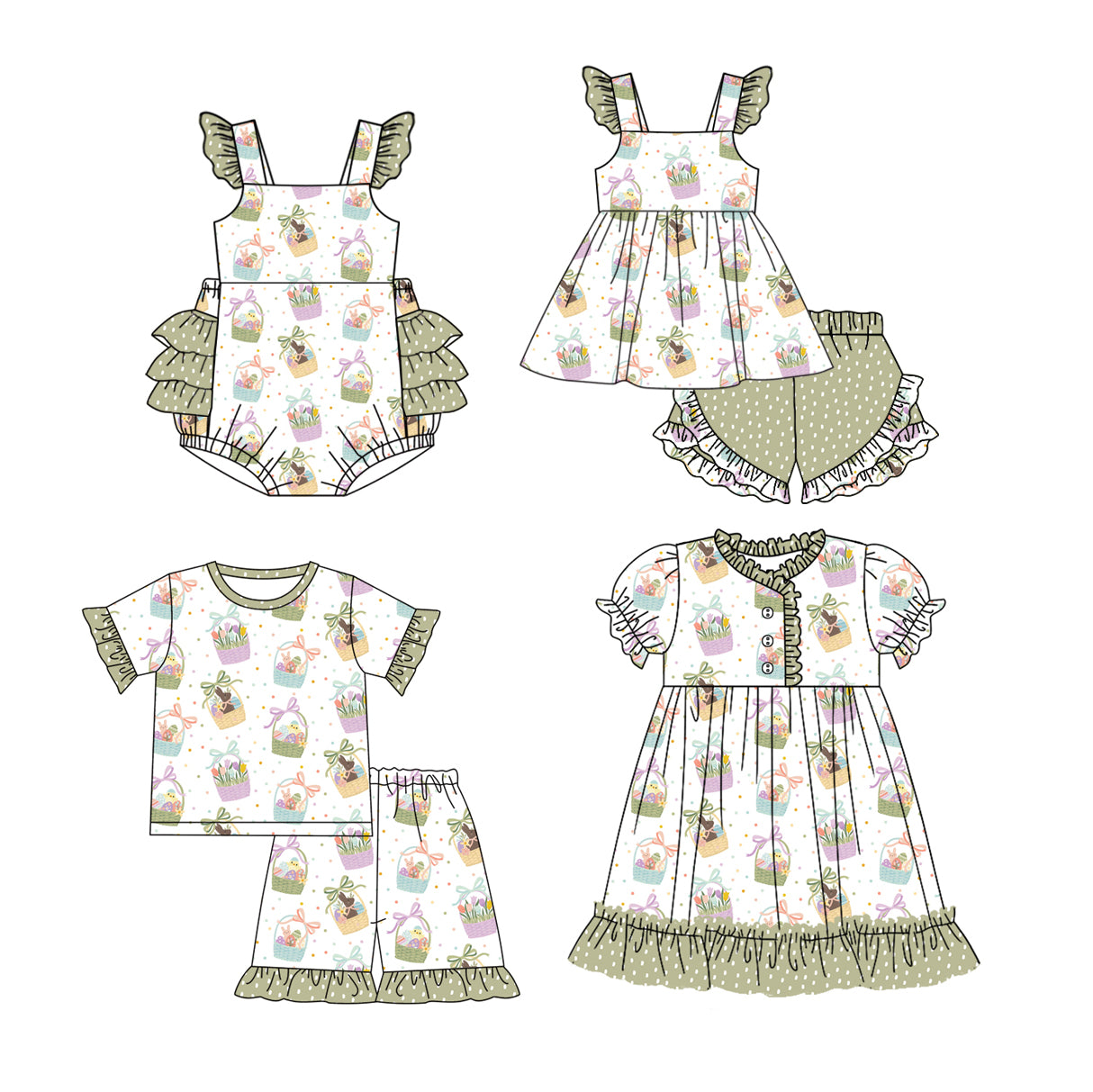 12.13 custom each style moq 5eta 4-6week Sibling Sister easter rabbit bow baby girl short sleeve shorts sets and sets 2 and girls romper and boy romper and dress match design