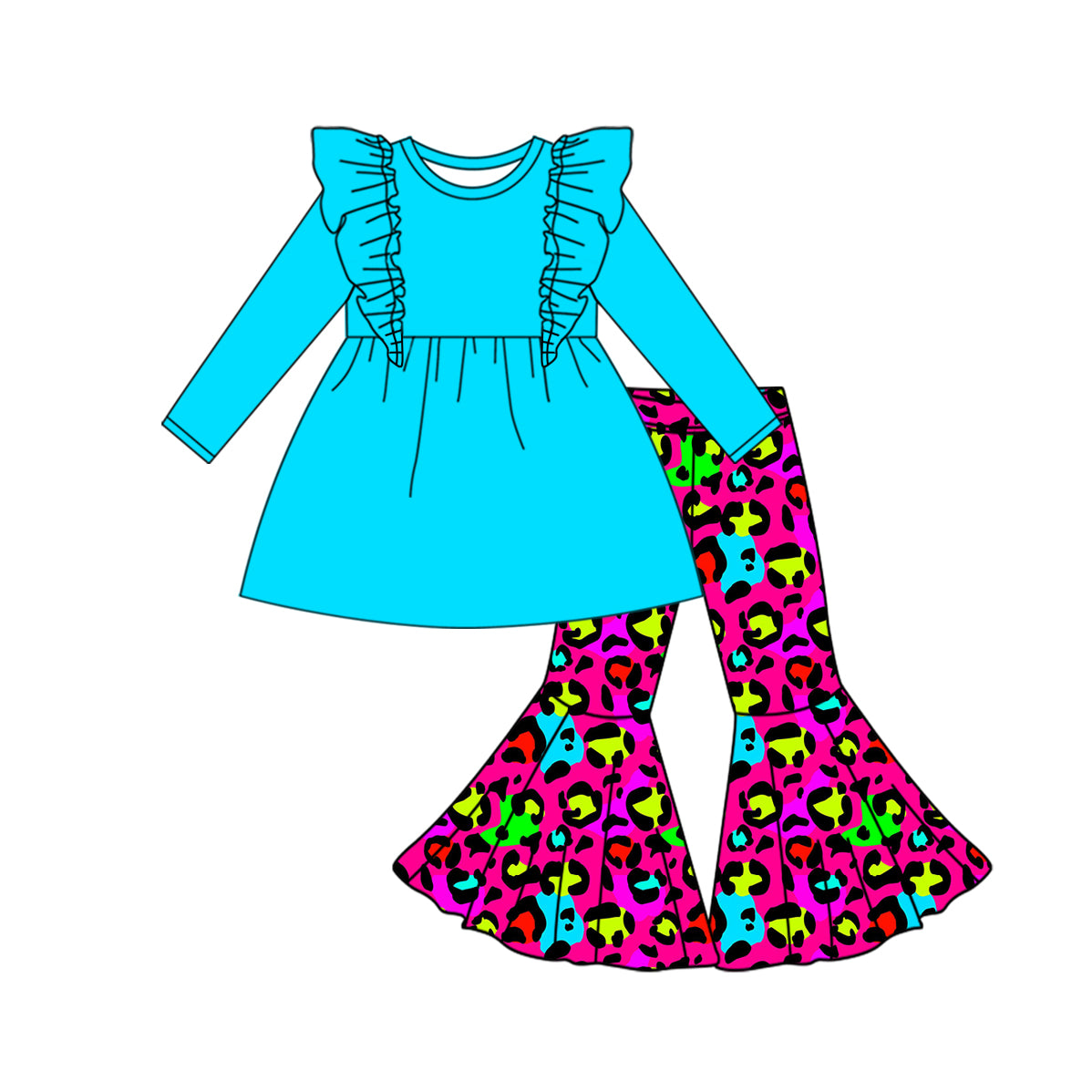9.24 custom each style moq 5eta 4-6week baby girls clothes leopard blue long sleeve pants sets