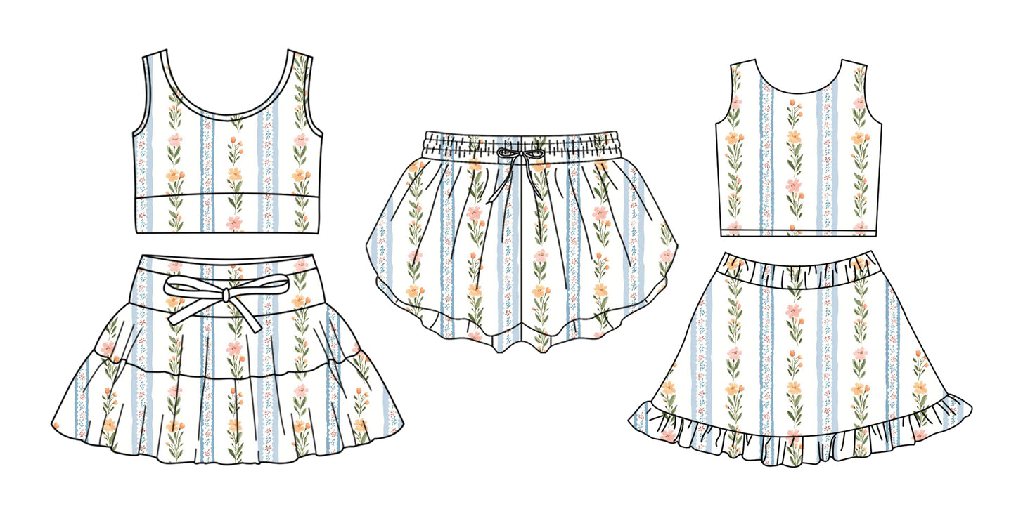 3.27 Custom moq 5 mix size Sibling Baby Girls Flowers Sleeveless Top And Skirts Set Yoga Shorts Outfit