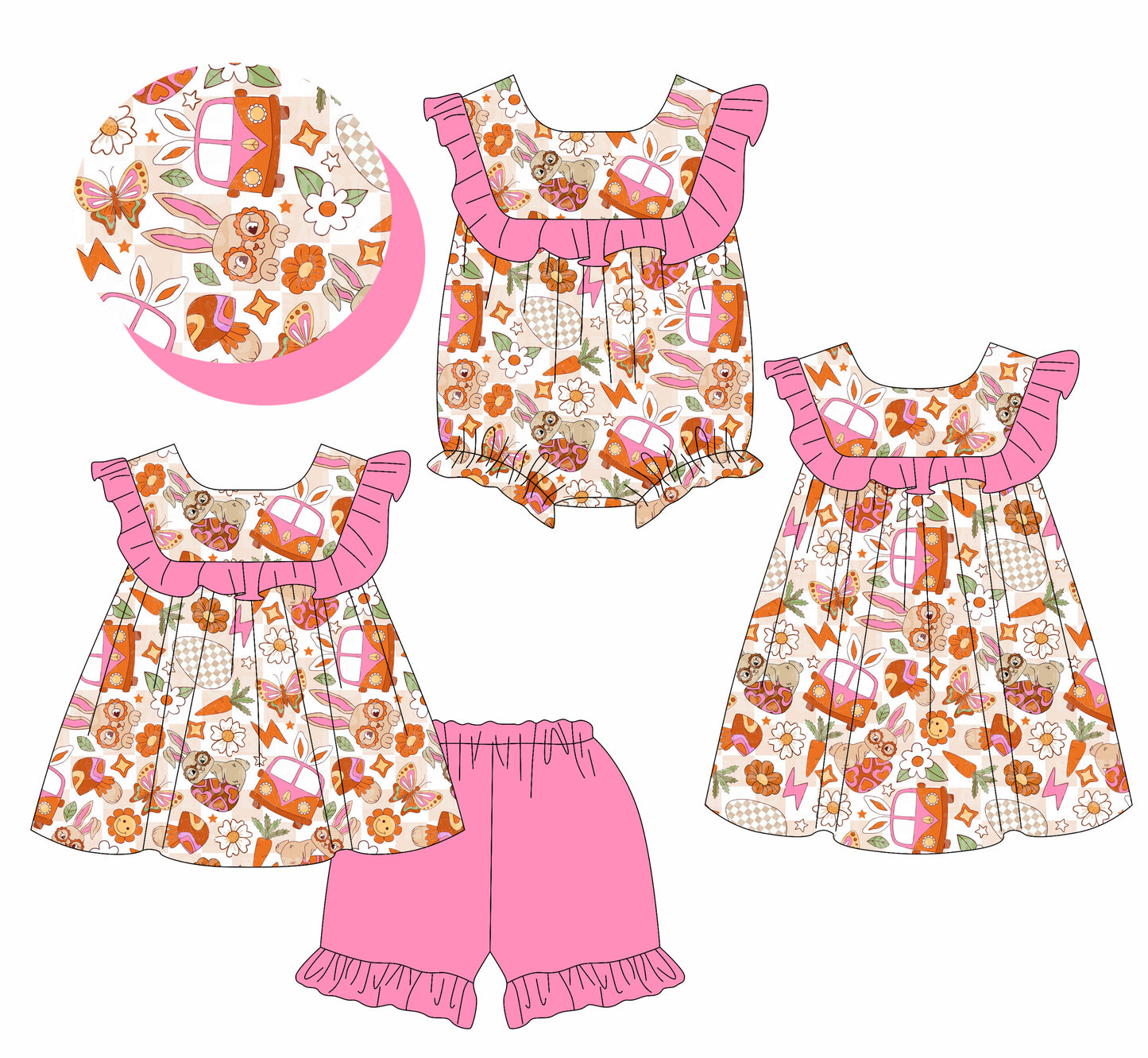 25.11.12 custom each style moq 5 eta 6-8week Sibling Sister bunny baby short sleeve shorts sets and romper and dress match design