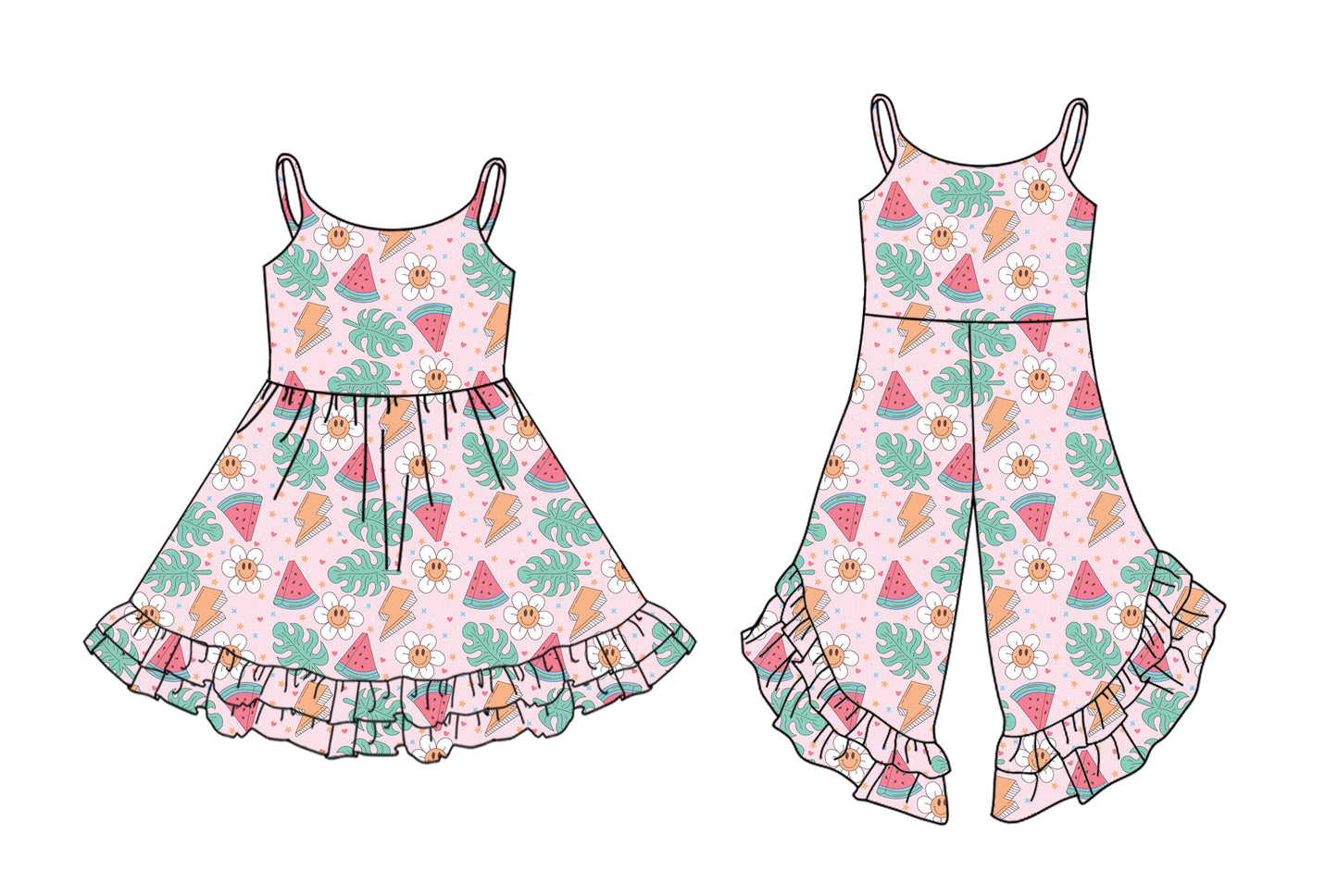 25.12.27 custom each style moq 5 eta 6-8week Sibling Sister watermelon baby short sleeve dress and jumpsuit match design