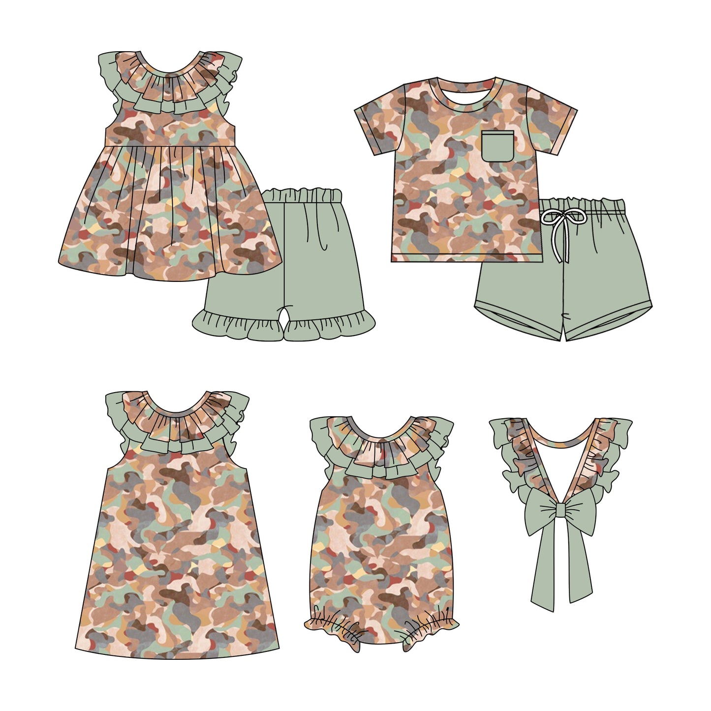 11.28 custom each style moq 5eta 4-6week Sibling Sister camouflage baby girl short sleeve shorts sets and sets 2 and girls romper and dress match design
